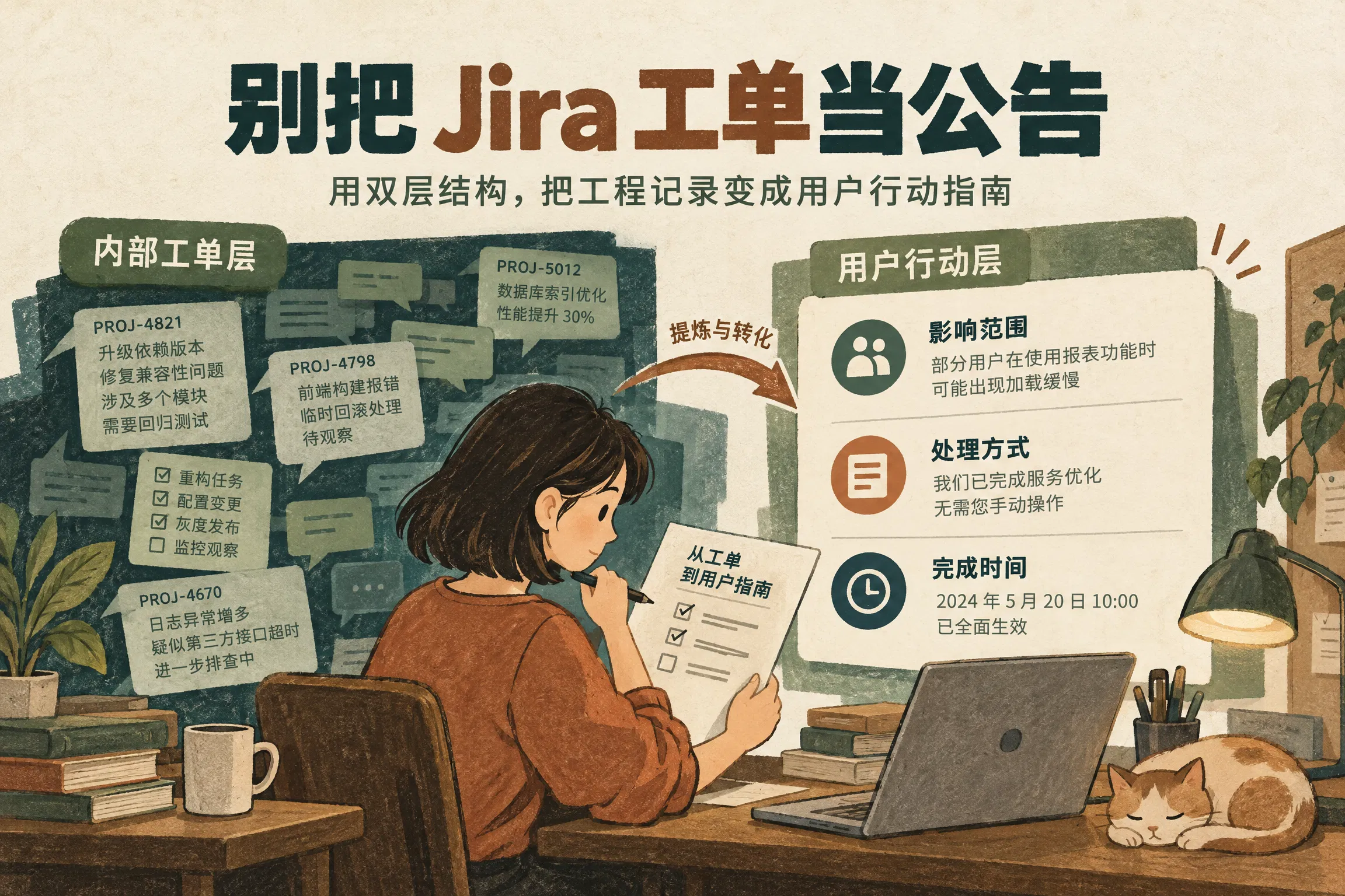 别把 Jira 工单当公告：用“双层结构”把工程记录变成用户行动指南